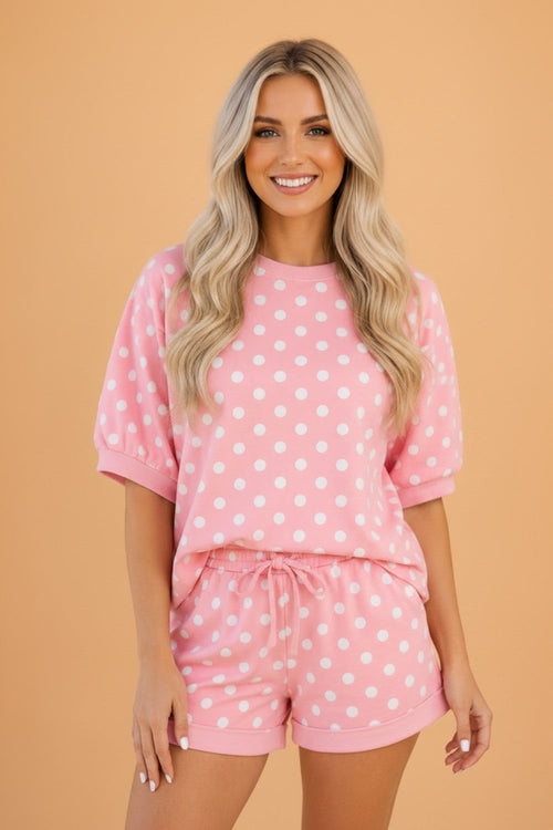 Polka Dot Oversized Top & Drawstring Shorts Set