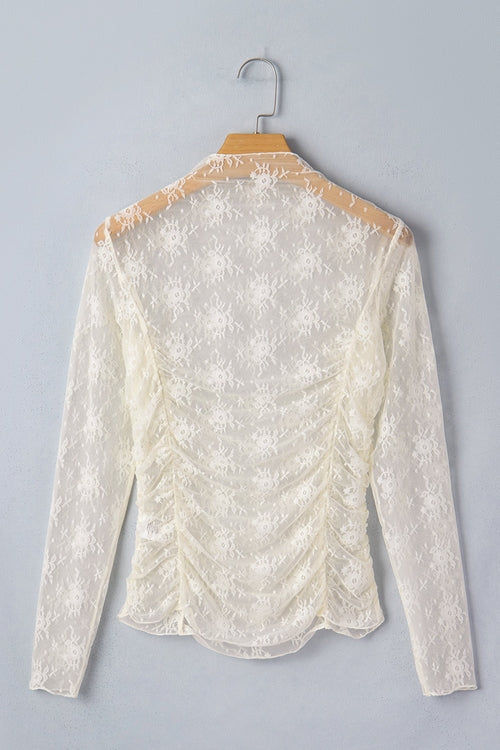 Floral Mesh Ruched Long Sleeve Sheer Top